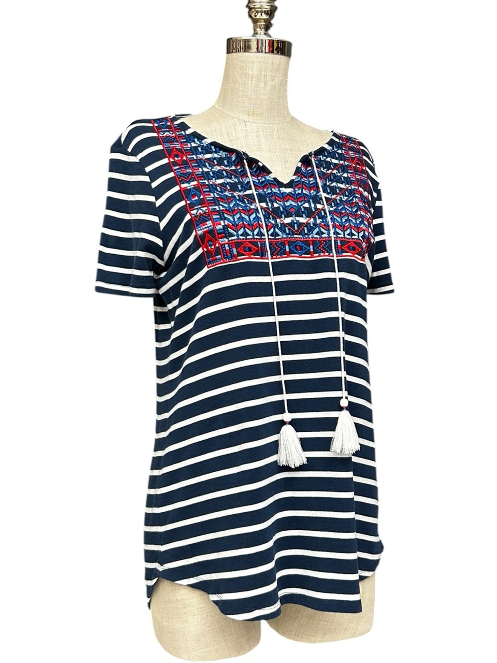 Ruby Rd. Embroidered Striped Peasant Top Navy White Tassel Tie Size Small
